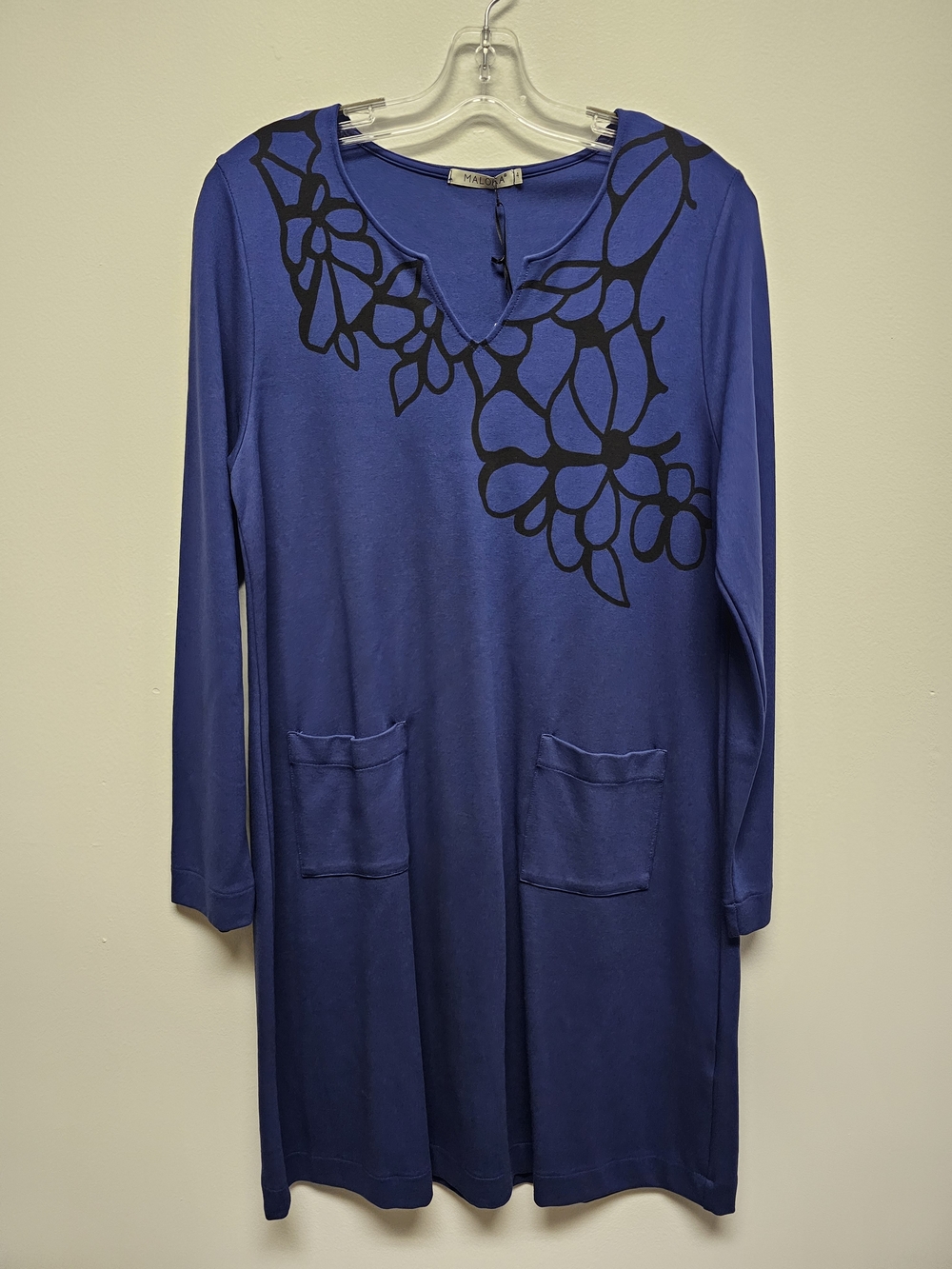 Maloka Cobalt Blue Long-Sleeve Tunic with Black Floral Design